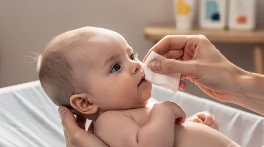Parent nettoyant doucement le nez de son bébé avec sérum physiologique dans une atmosphère calme