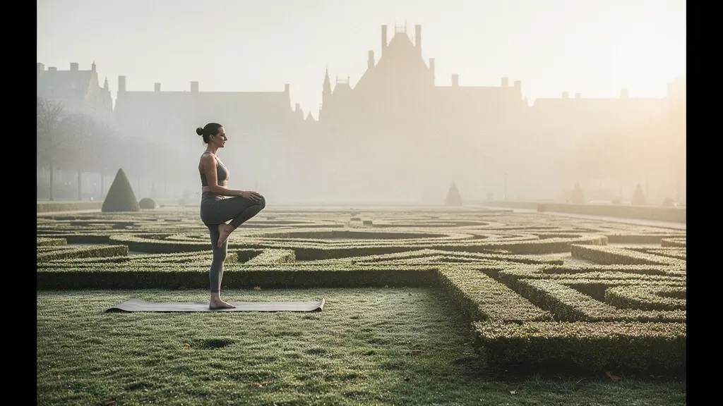 Personne pratiquant le yoga en position d'équilibre dans un parc belge au lever du soleil