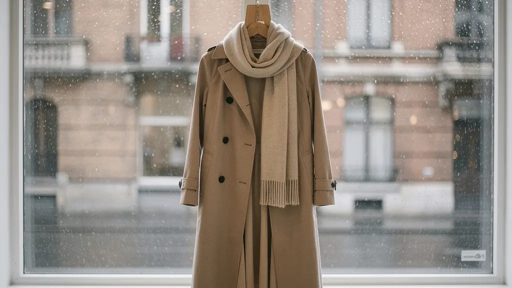Composition élégante de vêtements superposés sur un mannequin, trench beige sur robe fluide, ambiance belge automnale