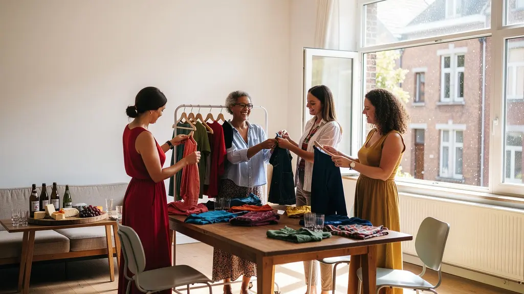 Groupe d'amies échangeant des vêtements lors d'une swapping party dans un appartement bruxellois
