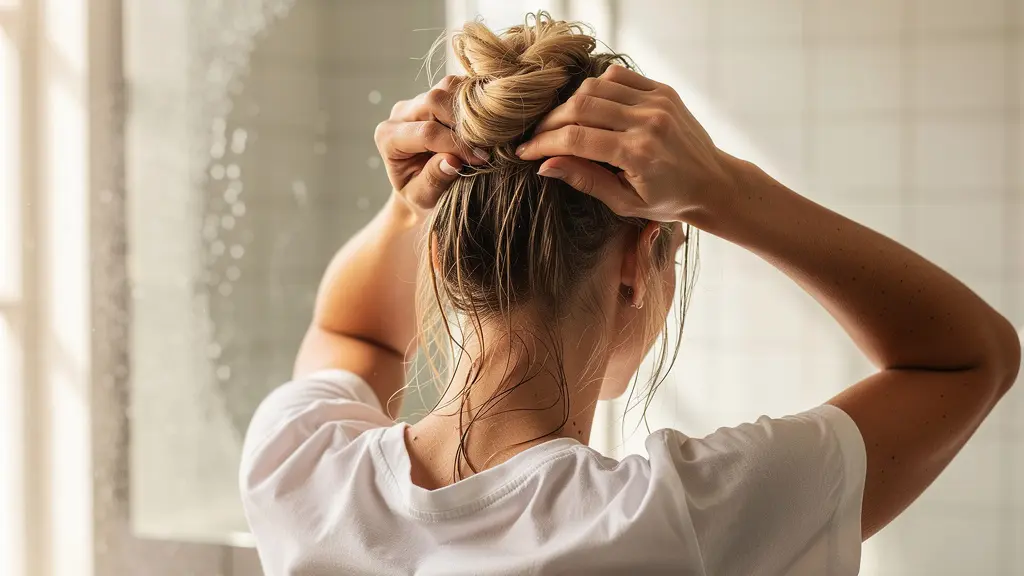 Femme essorant délicatement ses cheveux mouillés avec un t-shirt en coton dans une salle de bain lumineuse