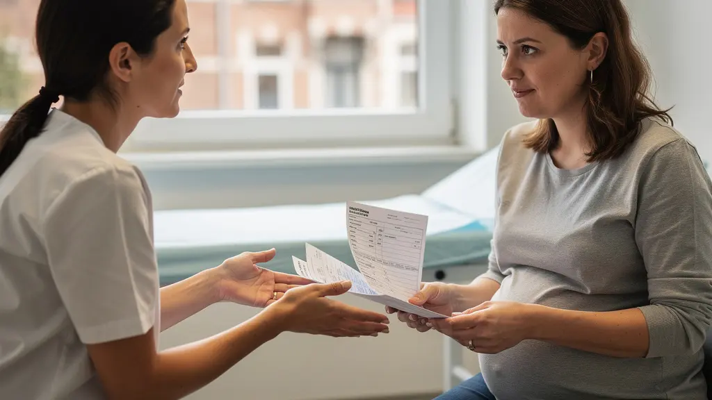 Femme enceinte en consultation médicale avec documents administratifs en Belgique