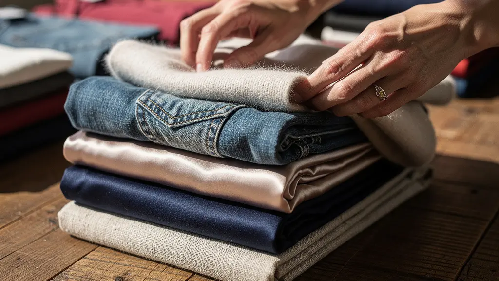 Mains triant délicatement des vêtements pliés sur une surface en bois naturel