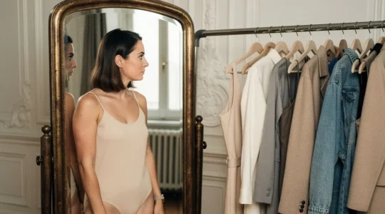 Femme contemplant sa silhouette floue dans un miroir vintage entouré de vêtements aux textures variées