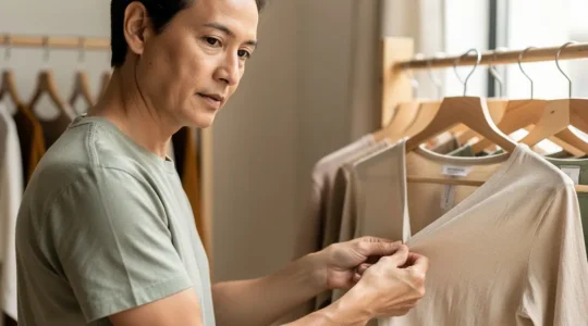 Une personne examinant attentivement l'étiquette d'un vêtement dans une boutique de mode éthique éclairée naturellement