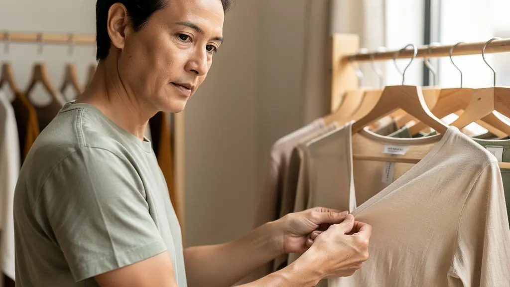 Une personne examinant attentivement l'étiquette d'un vêtement dans une boutique de mode éthique éclairée naturellement