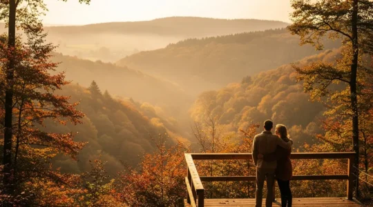 Couple enlacé contemplant les paysages vallonnés des Ardennes belges depuis une terrasse en bois au coucher du soleil