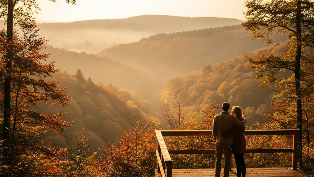 Couple enlacé contemplant les paysages vallonnés des Ardennes belges depuis une terrasse en bois au coucher du soleil